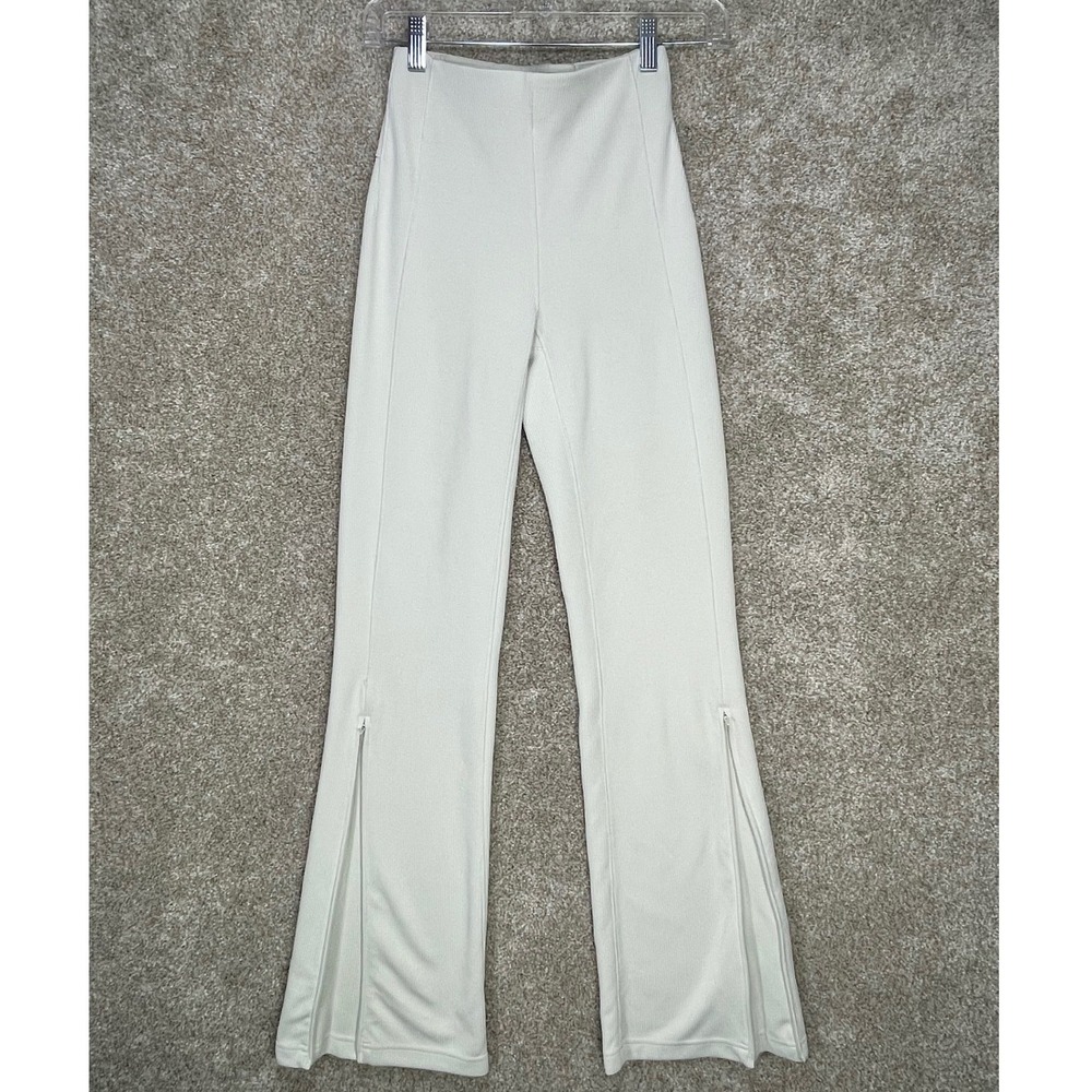 Lululemon Brushed Softstreme Ribbed Zip Flared Pants Women 2 Beige Hi Rise Yoga - Picture 2 of 10